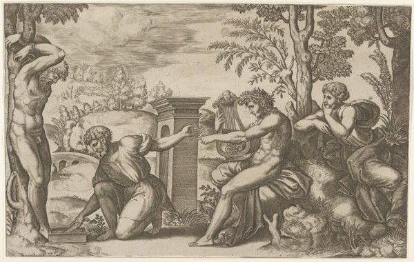 Apollo seated at the right with a lyre, pointing to a kneeling man who is about to flay..., 1530-60. Creator: Master of the Die.