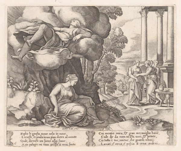 Plate 6: Zephyr carrying Psyche to an enchanted palace, from the Story of Cupid and Psy..., 1530-60. Creator: Master of the Die.