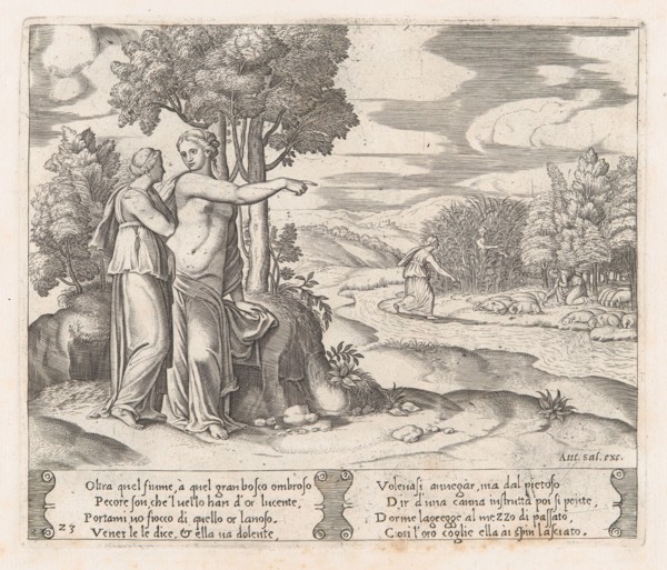 Plate 23: Psyche on the order of Venus departing to find the golden fleece, from the St..., 1530-60. Creator: Master of the Die.