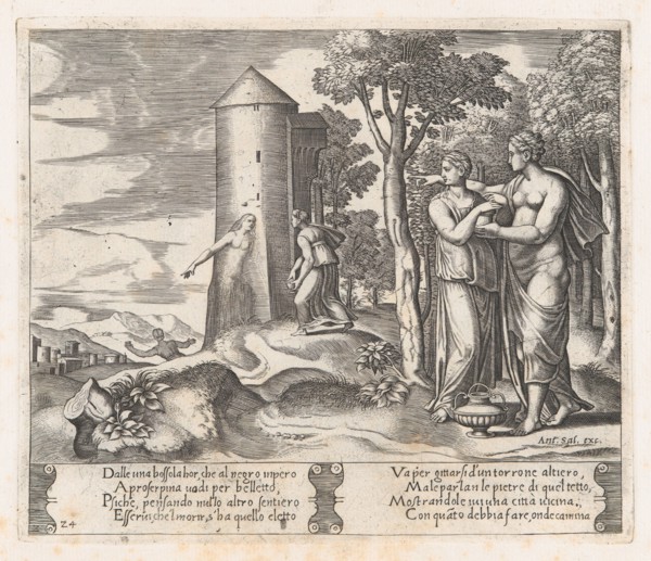 Plate 24: Venus and Psyche standing at right, pointing to the underworld at center, int..., 1530-60. Creator: Master of the Die.