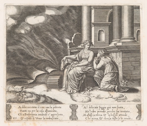 Plate 27: Proserpine gives Psyche the box of beauty, from the Story of Cupid and Psyche..., 1530-60. Creator: Master of the Die.
