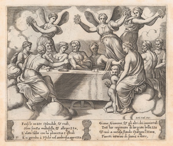 Plate 31: Gods celebrating the wedding of Cupid and Psyche, from the Story of Cupid and..., 1530-60. Creator: Master of the Die.