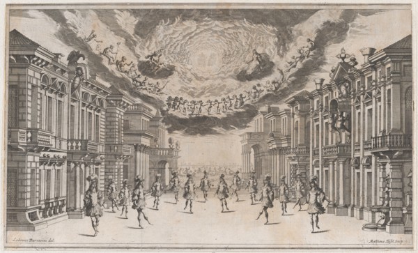 A group of young men dancing as the gods look on from above; set design from 'Il Pomo D'Or..., 1668. Creator: Mathäus Küsel.