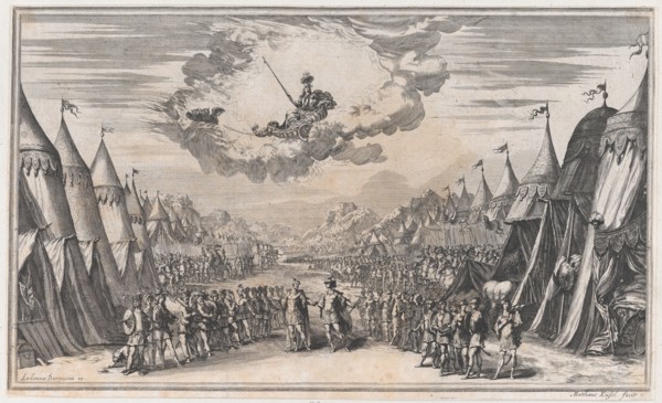 The leaders of two armies conversing, their respective troops and camps on either side; ab..., 1668. Creator: Mathäus Küsel.