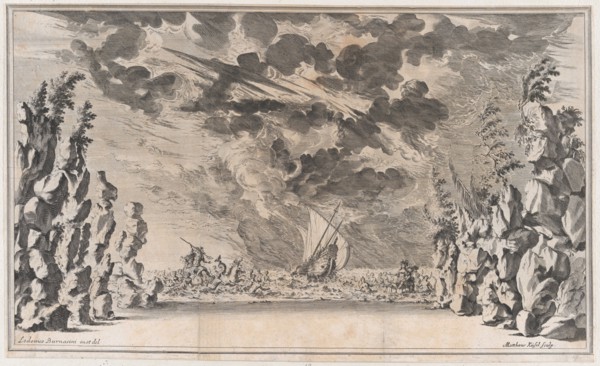 A shore framed by rocks, with Neptune in his chariot on the left and Salacia in hers on th..., 1668. Creator: Mathäus Küsel.