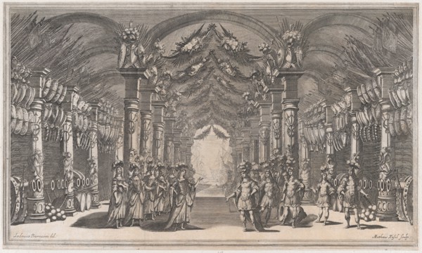 Arsenal of Mars; a group of soldiers standing across from a group of women in an arsenal; ..., 1668. Creator: Mathäus Küsel.