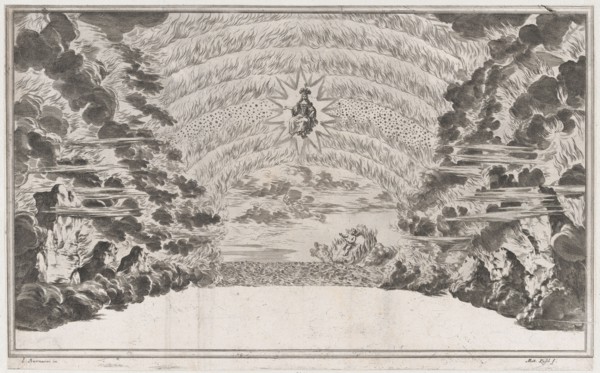 A female figure in glory at center, surrounded by burning rocks; below Cupid sailing on a ..., 1668. Creator: Mathäus Küsel.