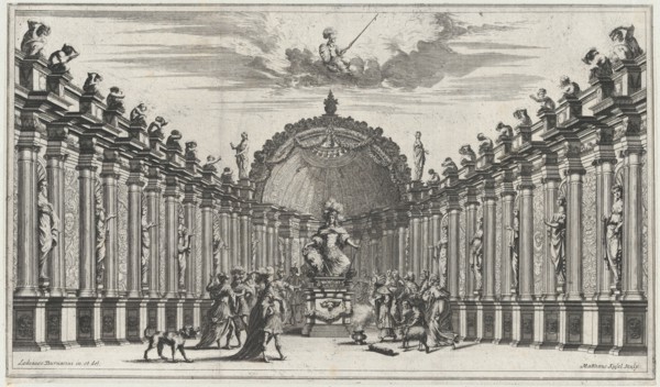 Figures worshipping the statue of an armed figure; set design from 'Il Pomo D'Oro', 1668. Creator: Mathäus Küsel.