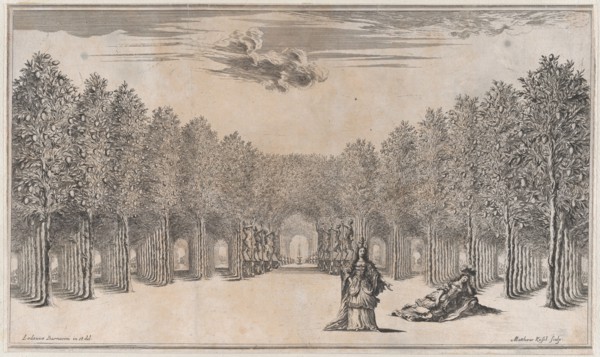 Two females in the foreground, one standing the other reclining, surrounded by tree-lined ..., 1668. Creator: Mathäus Küsel.