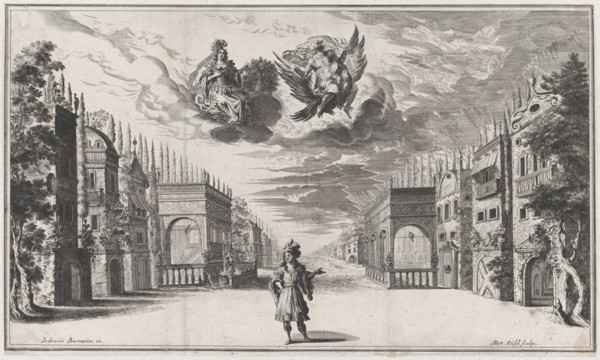 A man stands at center, flanked by rows of buildings; above Jupiter atop an eagle and Juno..., 1668. Creator: Mathäus Küsel.