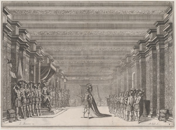 Throne room with a man in classical armor standing at center addressing a man seated on a ..., 1674. Creator: Mathäus Küsel.