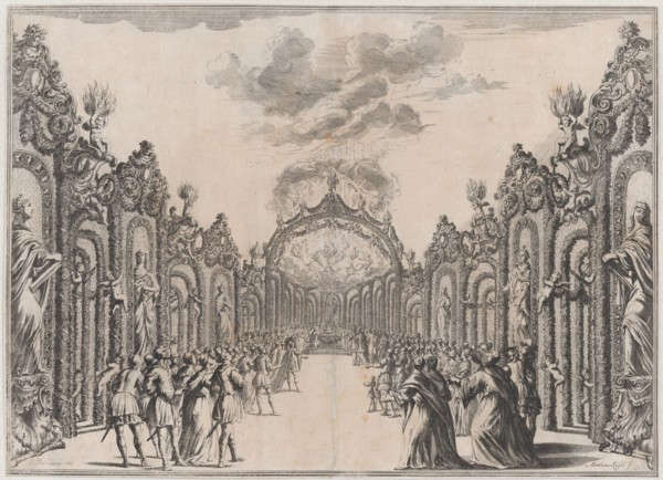 A sacrifice to the Olympian gods taking place at the end of a path lined with statues and ..., 1674. Creator: Mathäus Küsel.