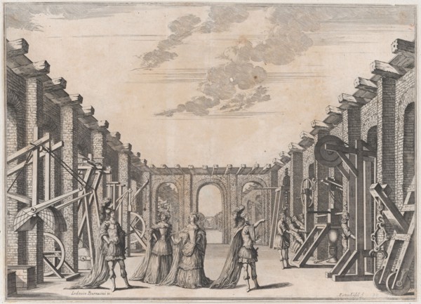 Two men in classical armor and two women looking at the mechanical devices on either side ..., 1674. Creator: Mathäus Küsel.