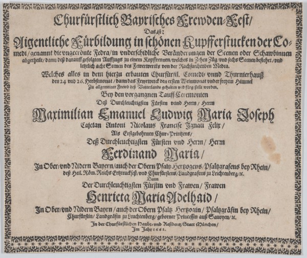 Text to accompany plate illustrating the fireworks display celebrating the birth of Prince..., 1662. Creator: Mathäus Küsel.