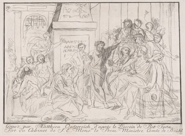 Classical scene of figures gathered around an orator at right (possibly related to healing..., 1752. Creator: Matthias Oesterreich.