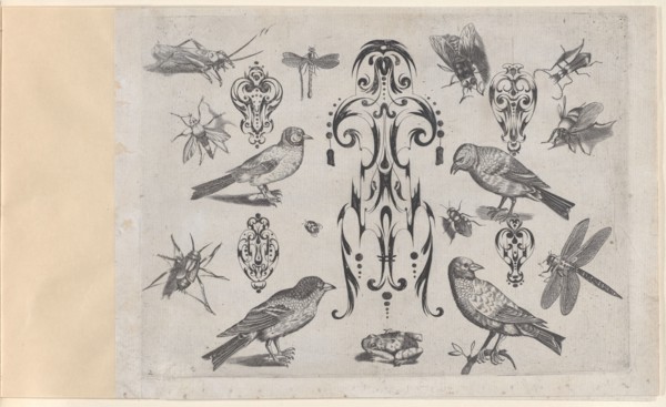 Blackwork Designs with Birds and Insects, Plate 2 from a Series of Blackwork Ornamen..., after 1622. Creator: Meinert Gelijs.