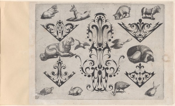 Blackwork Designs with Various Mammals and Birds, Plate 5 from a Series of Blackwork..., after 1622. Creator: Meinert Gelijs.