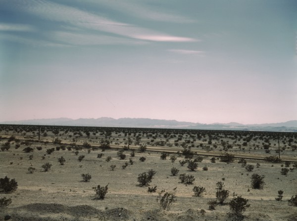 Mojave Desert country, crossed by Santa Fe R.R., Cadiz, Calif., 1943. Creator: Jack Delano.