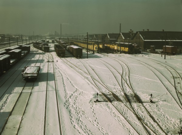 General view of yard and some of the locomotive shop of the C & NW RR at 40th Street, 1942. Creator: Jack Delano.