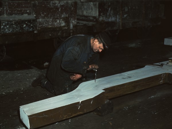 Section of a locomotive frame, which will be welded to replace a broken...train, Chicago, 1942. Creator: Jack Delano.
