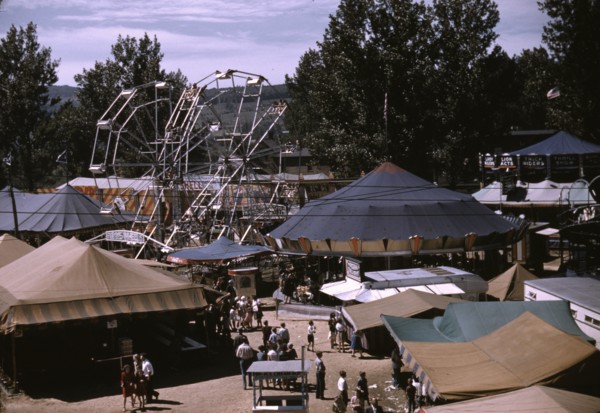 Side shows at the Vermont state fair, Rutland, 1941. Creator: Jack Delano.