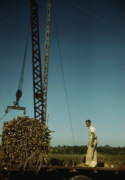 Crane at a "central" sugar cane gathering place, San Sebastian vicinity, Puerto Rico, 1942. Creator: Jack Delano.