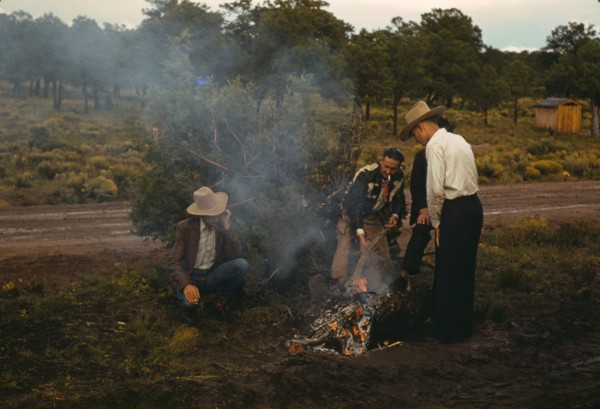 Men in front of outdoor fire, Pie Town Fair, New Mexico, 1940. Creator: Russell Lee.