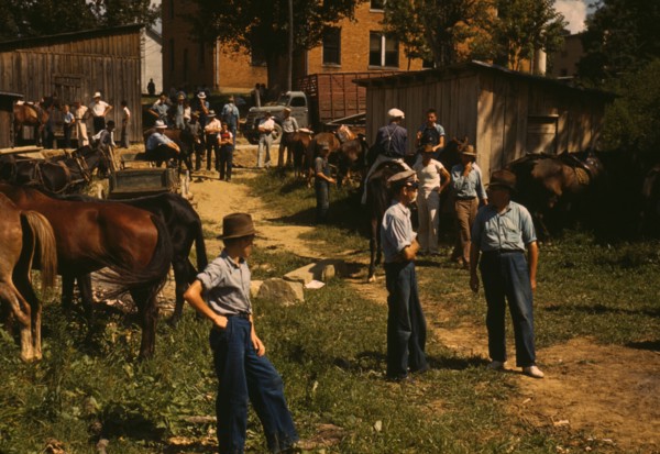 Mountaineers and farmers trading mules and horses on "Jockey St.,", Campton, Wolfe County, Ky., 1940 Creator: Marion Post Wolcott.