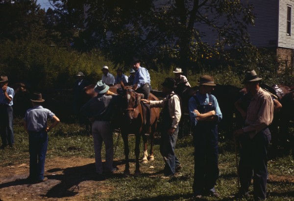 Mountaineers and farmers trading mules and horses on "Jockey St.,", Campton, Wolfe County, Ky., 1940 Creator: Marion Post Wolcott.