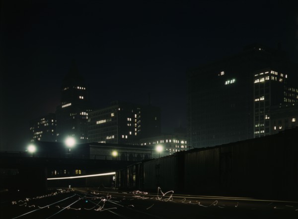 Night view of part of the South Water street freight terminal...Illinois Central R.R., Chicago, 1943 Creator: Jack Delano.