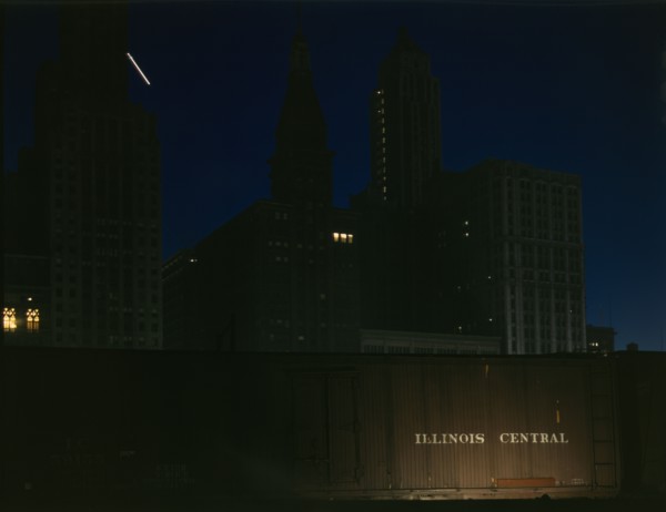 Freight cars at the South Water Street Illinois Central Railroad terminal, Chicago, Illinois, 1943. Creator: Jack Delano.
