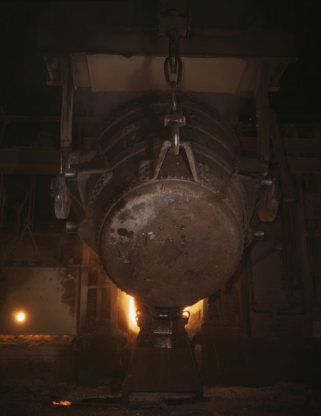 Ladle of molten iron is poured into..., Allegheny Ludlum Steele Corp., Brackenridge, Pa., (1941?). Creator: Alfred T Palmer.
