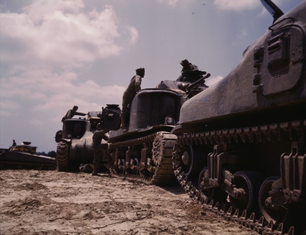 M-3 and M4 tank company at bivouac, Ft. Knox, Ky., 1942. Creator: Alfred T Palmer.