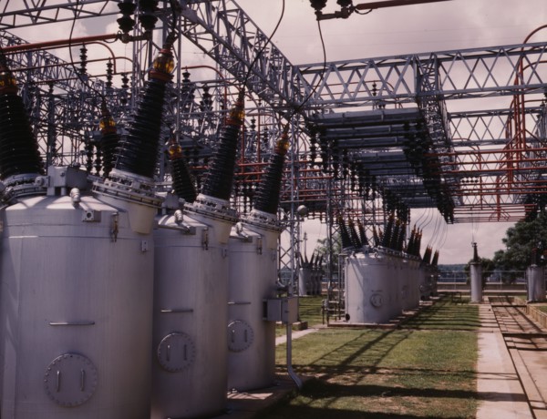 Switchyard at TVA's Wilson Dam hydroelectric plant, vicinity of Sheffield, Ala, 1942. Creator: Alfred T Palmer.