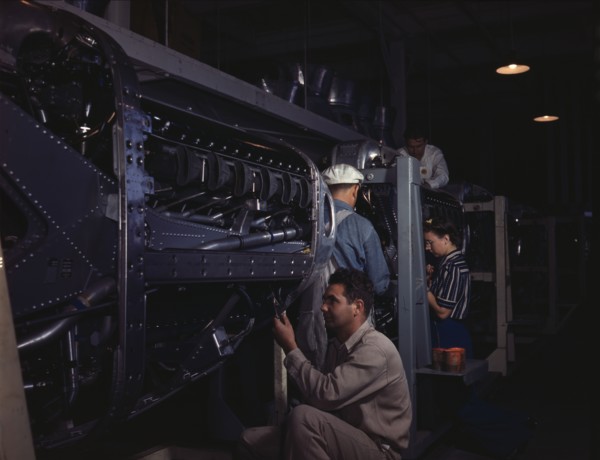 Employees at North American Aviation, Incorporated, assembling..., Inglewood, Calif., 1942. Creator: Alfred T Palmer.