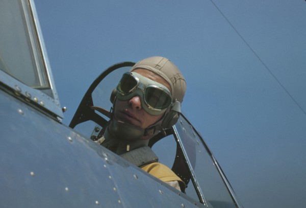 Marine lieutenant, glider pilot in training, ready for..., at Page Field, Parris Island, S.C., 1942. Creator: Alfred T Palmer.