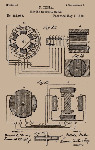 Tesla's Electro-magnetic motor patent. Private Collection.