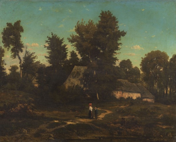 Landscape with thatched cottages.