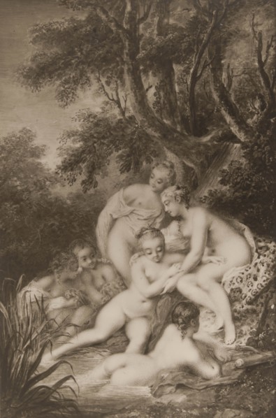 Diana bathing surrounded by five nymphs.