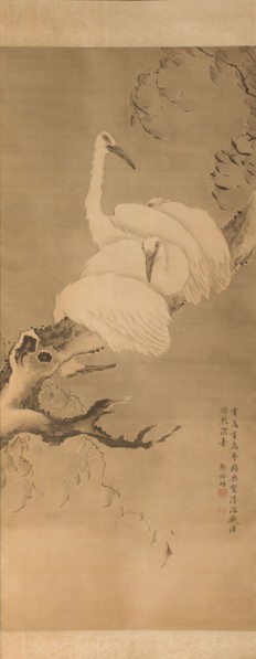 Four egrets on a branch, between 1730 and 1740.