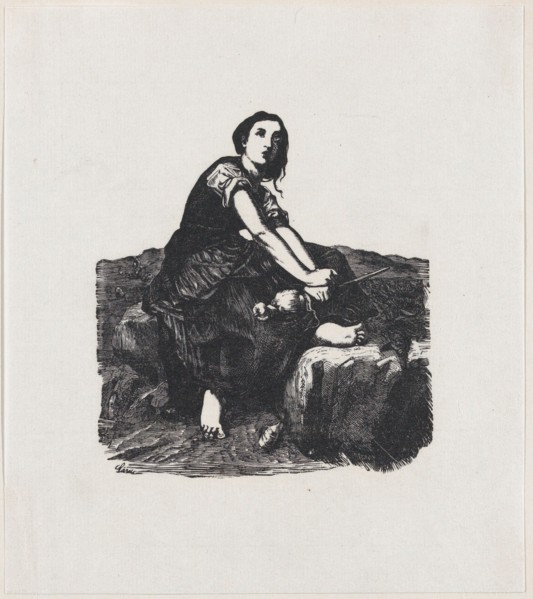 Girl seated on a rock holding a distaff, ca. 1800-1899.