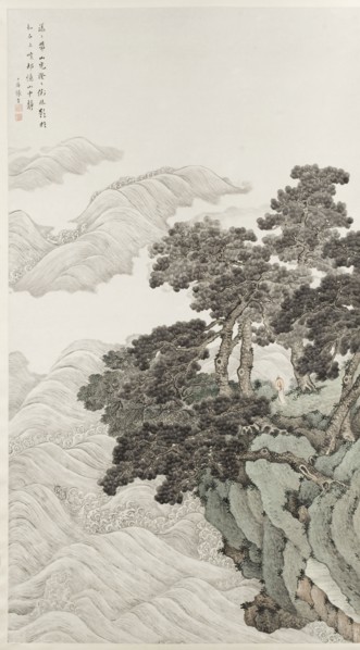 Solitary person under pines contemplating waves, 1820.