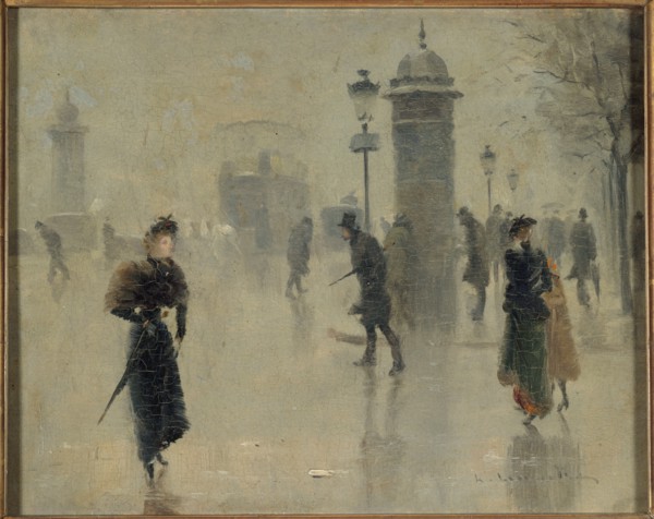 Passers-by on the boulevard on a winter's day, circa 1895.