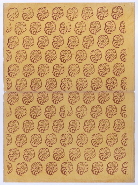 Yellow sheet with overall red abstract pattern, 19th century.