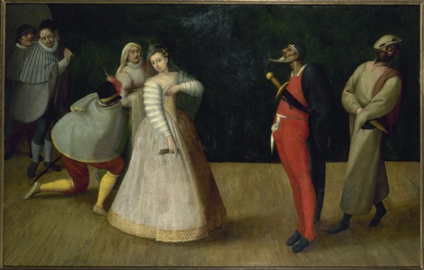 Troupe de comédiens italiens (les Gelosi ?), c1580.