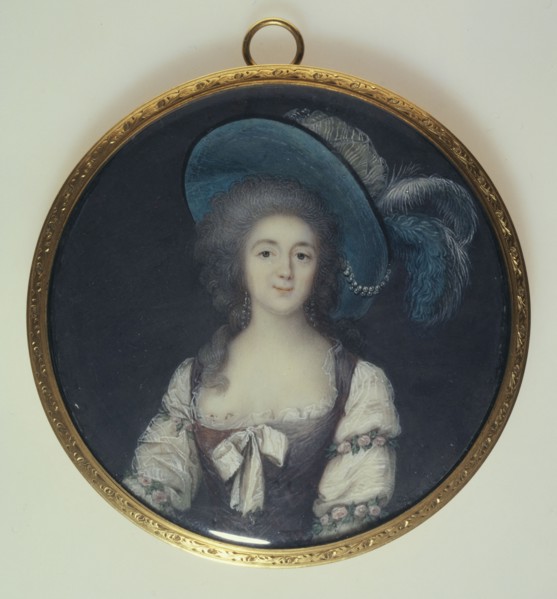 Portrait of young woman in a plumed hat, c1785.