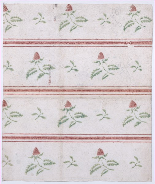Sheet with overall leaf, flower, and stripe pattern, 19th century.
