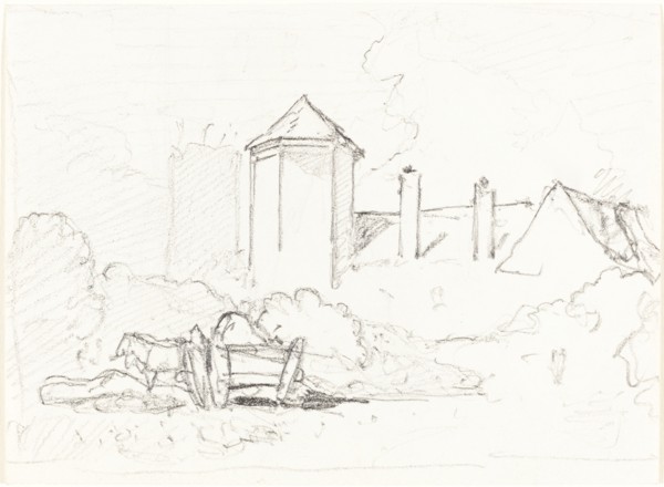 Sketch of Buildings with Cart and Horses in Foreground.