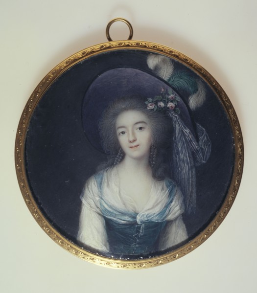 Portrait of woman in a plumed hat with ribbon, c1785.