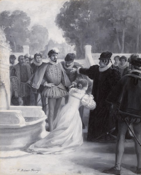 Amy Robsart at the foot of the queen, between 1890 and 1891.